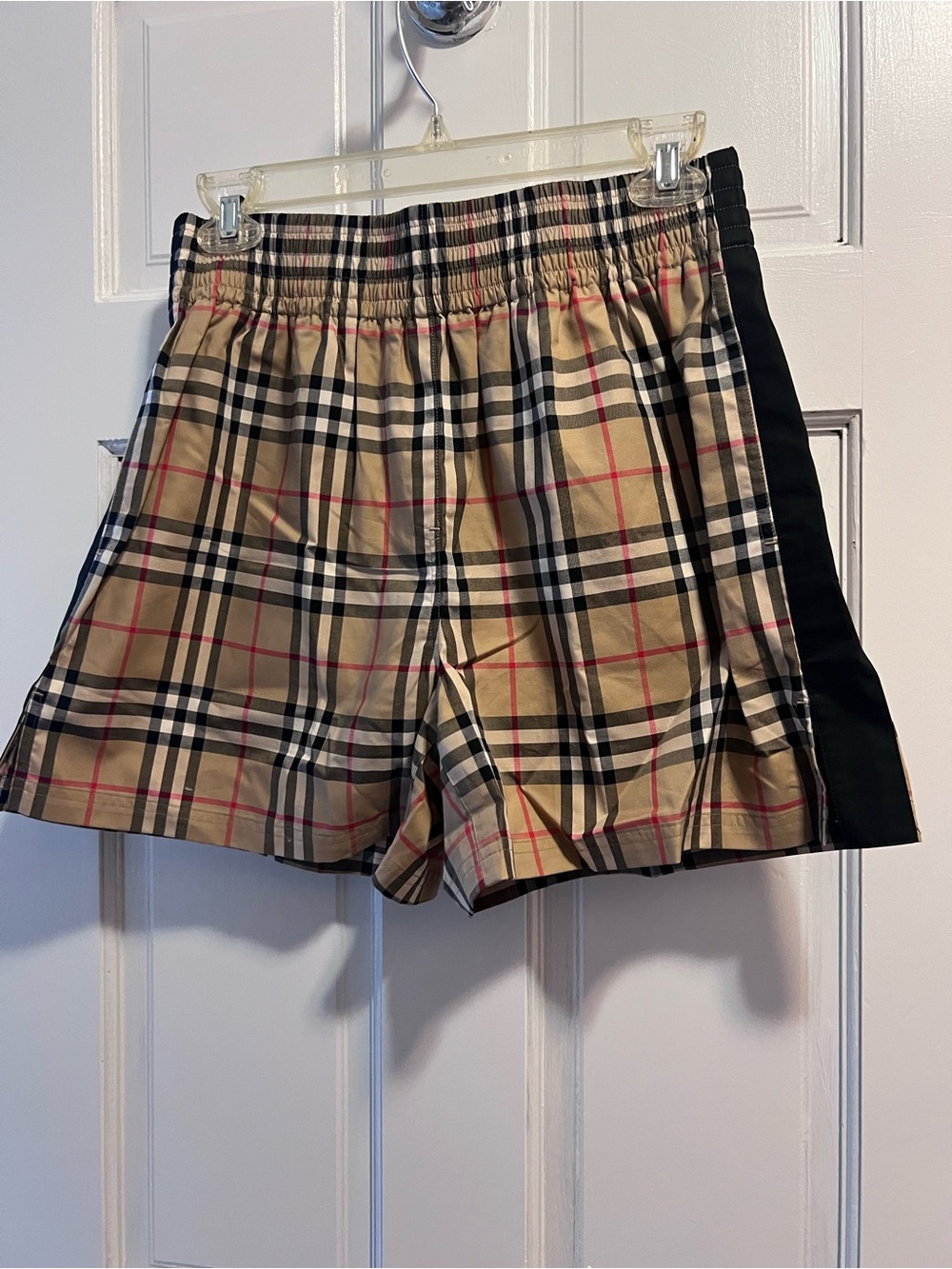Burberry Beige Plaid High-Waist Shorts with Black Side Panel
